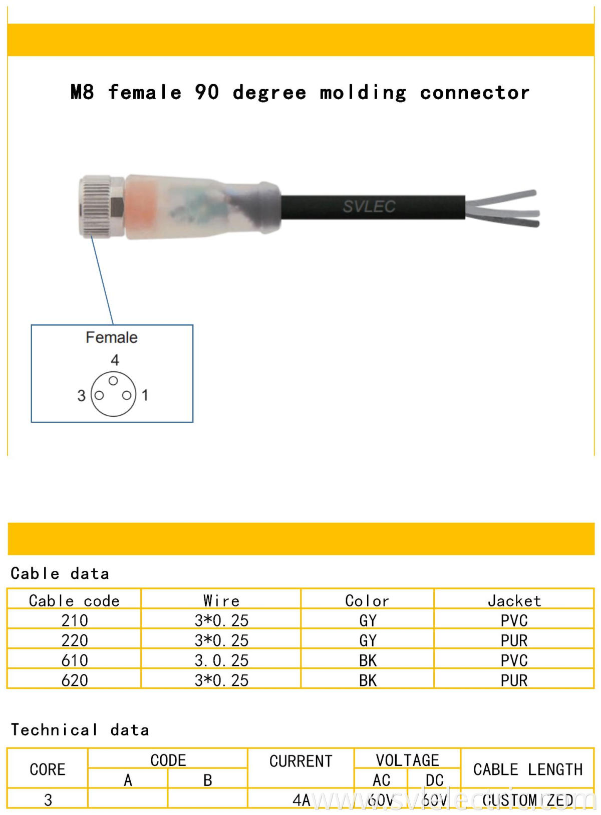 M8 female striaight 3 pin with cable specification